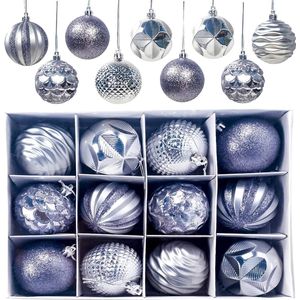 Kerstballen, 12 stuks kerstballen, kerstboomversiering, mat, glanzend, glinsterend, diameter 6 cm, zilver