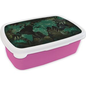 Broodtrommel Roze - Lunchbox - Brooddoos - Wereldkaart - Groen - Bladeren - 18x12x6 cm - Kinderen - Meisje