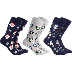 BRUBAKER 3 paar kerstsokken - grappige sokken met kerstmotieven - katoen - heren en dames cadeau Kerstmis - uniseks katoenen sokken in eenheidsmaat maten, sneeuwpop, pinguïns en kerstman, EU 35-40