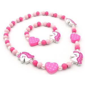 Kindersetje elastische ketting en armband roze en wit met houten unicorns en hartjes