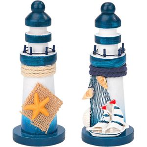 Houten mini vuurtoren decoratie maritieme stijl ornament voor woonkamer vakantie decoraties 2 stuks