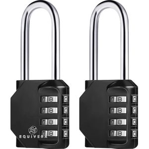 Equivera Set van 2 hangsloten, lange beugel, cijferslot, 4-cijferig hangslot met cijfercode, metaal, slot met cijfercode, weerbestendig voor kluisje, sportschool, gereedschapskist (zwart)