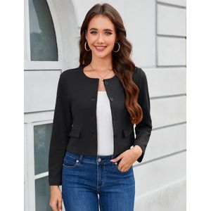 Blazer Dames Elegante 3/4 Mouw Bolero Korte Blazer Slim Fit Bolero Jasje met Knopen Kantoor Werk Zwart S