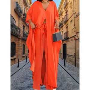 Luxe Oversized luchtige Dames Set – Oranje Kaftan Top & Wijde Broek maat S