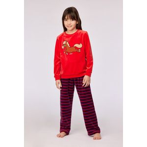 Woody pyjama meisjes/dames velours - rood - pony - 252-10-PDV-V/489 - maat 128