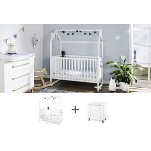 Hilda & Pan Starterset - Huisbed - Brede commode - Frame van massief grenen - Bed 147cm x 82cm x 175cm - Eenheid 100cm x 78/56cm x 101cm