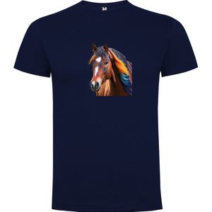 Donker Blauw T-Shirt met “ Kleurrijke Prachtig Paard“ Print Full Color maat 104 / 3/4 jaar