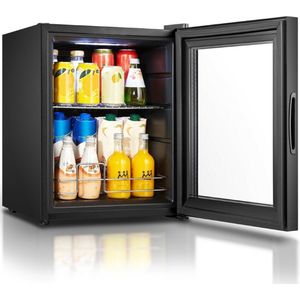 Heinrich's HKG3142 mini koelkast met glazen deur zwart 42 liter - glasdeur - doorzichtige deur - barkoelkast - vitrinekoelkast - bierkoelkast - kleine koelkast - minibar - modern - voor eten en drinken - drankenkoelkast - energielabel E - 43 decibel