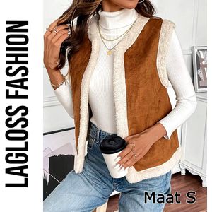 LaGloss® Mouwloze Teddy Bodywarmer Bruin/Beige – Warme & Luchtige Gilet Vest – Herfst/Winter Laagjeslook – Tijdloos - Maat S