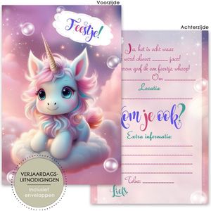 BCI036 - 8 Verjaardagsuitnodigingen - uitnodiging kinderfeestje - uitnodigingen - kinderfeest uitnodigingen - kinderfeestje - uitnodigingen meisje - uitnodigingen eenhoorn - invulkaarten - Unicorn feestje - unicorn uitnodigingen - invuluitnodigingen