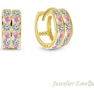 Juwelier Emo - 14 Karaat Gouden Kinderoorbellen Meisje - Dubbele rij Roze Zirkonia stenen - 11.5 MM