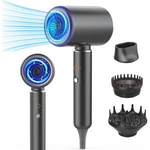 Krachtige Reishaarföhn met Diffuser en 3 Accessoires - 2200 W, 4 Temperatuurinstellingen, Zwart/Zilver