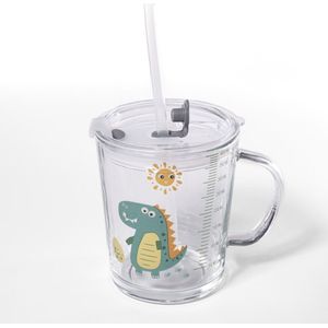 Intirilife Doorschijnende kinderbeker met deksel, schaal en rietje met Dinosaurus ontwerp - 400 ml - Drinkglas met handvat, met schattig motief, veilig drinken zonder morsen