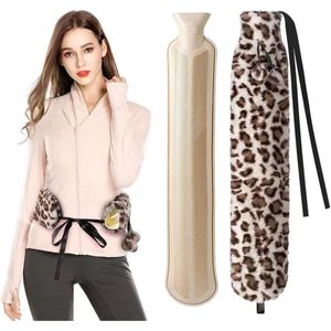 Warmwaterkruik met deksel van 2 liter - Pluizige faux bonten hete waterfles van 72 cm met riem - Crème luipaardprint voor lichaam, taille, nek en schouder - Geschikt als cadeau