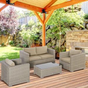 Poly Rattan Garden Furniture Set voor 4 personen Tuin Set Lounge Furniture met salontafel stoel kussen kaki+beige