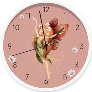 Klok Fairy Ginger roze 30 cm | Dutch Sprinkles - kinderklok met elfje met rood haar - wit frame, zwarte wijzers - kinderkamer accessoire - meisjes klok - stille wandklok