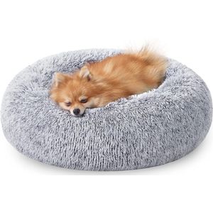 Fluffy hondenmand, kattenmand, donutkussen, wasbaar, verwijderbare middenvulling, lang pluche, 60 cm diameter, ombre grijs