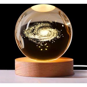 3D kristallen bol, nachtlampje, 8 cm, melkweg, glazen bol, 3D sterrenstelsel planeten lamp met USB, kristallen bol, nachtlampje, creatief, nachtscène, astronomie, led-ballamp met houten sokkel