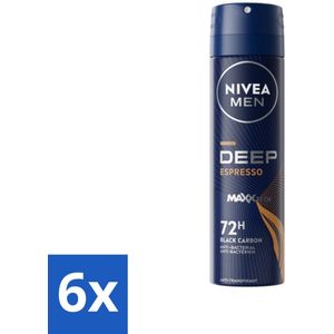6 x NIVEA MEN - Deodorant Spray - Deep Espresso - 150 ml - Anti-transpirant Spray - Zweetbehandeling - Huidbescherming - Espresso Geur - Mannelijke Geur