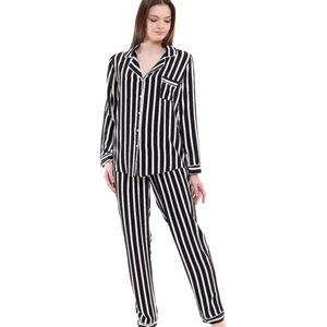 Katoen - Satijn Dames Pyjama- Luxe -Pyjamaset- Nachtkleding Zwart/ Roze Gestreept Maat XL