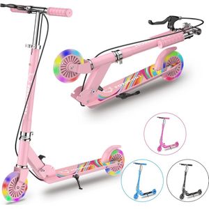 OFMOTRA Kinderstep - Scooter - met LED wielen - Opvouwbaar - Drie instelbare hoogte - met voetrem en handrem - Draagkracht tot 100 kg - roze