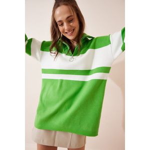Happiness Istanbul Standaard mouw Basis Vibrant Green Bone Zipper Collar Striped Knitwear Sweater voor dames US00700