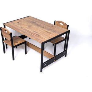 Industrial living Speeltafel – Kindertafel en 2 stoeltjes - Activiteiten tafel – Kinderbureau – Montessori -Kinderkamer Meubels – Walnoot – Zwart