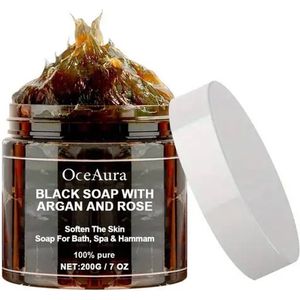 Oceaura - Zwarte zeep met Argan & Roos - 200 g - Bestrijd ingegroeide haren - Lichaamsacne - Aardbeienhuid
