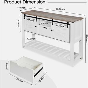 J&R Landelijke Sidetable - Schuifdeuren - Haltafel - Wandtafel - Consoletafel - Gangkastje - Wit met grijs houten blad