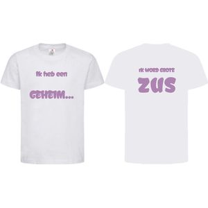 Shirt Aankondiging zwangerschap ""Ik heb een GEHEIM..."" op voorkant ""Ik word grote ZUS"" op achterkant | korte mouw | Wit/lila | maat 134/140 zwangerschap aankondiging bekendmaking Baby big sis sister Grote ZUS