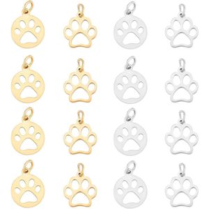 16 stuks Hond Poot Prints Hangers Goud & Roestvrij Staal - DIY Sieraden Maken - Charms met 4mm Gat