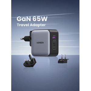 UGREEN Nexode 65W - GaN Snellader - Reislader US/UK/EU - USB-C oplader - USB C Charger 3-poorts PD lader PPS - MacBook Pro/Air, iPhone 14 Pro Max, 14, iPhone 13, iPad Pro, Galaxy S23 Ultra, S23+, S23, S22, Steam Deck