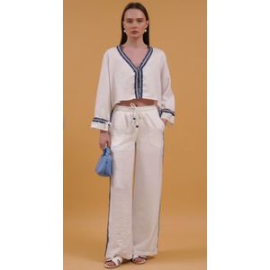 Dames Linnen Pak- Korte Witte Blouse Met Gestrikte Mouwen en Denim Strepen Broek Maat S