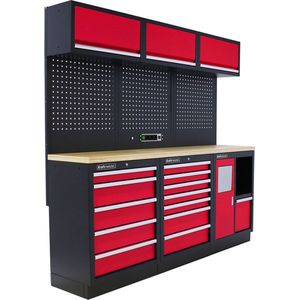Kraftmeister werkplaatsinrichting - Werkbank met 3 wandkasten en multiplex werkblad - Werktafel met 12 laden en gereedschapswand - Complete set voor werkplaats of garage - Rood