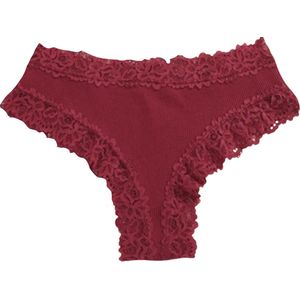 Sexy Dames Slip met Kant - Rood - Onderbroek 95% Katoen - Dames Lingerie / Ondergoed - Brazilian String - Maat XL