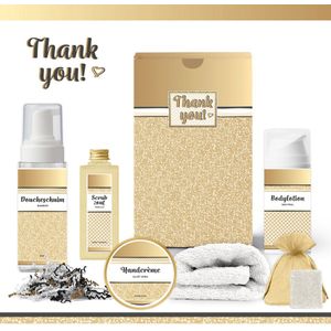 Geschenkset “Thank You!” - 6 producten - 550 gram | Giftset voor haar - Luxe cadeaubox collega - Wellness Giftset Bedankt geschenk - Cadeau Vrouw - Thanks - Moeder - Oma - Vriendin - Zus - Juf - Oppas - Oppasmoeder - Verzorgster - Kerst - Kerstpakket