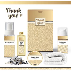Geschenkset “Thank You!” - 5 producten - 530 gram | Giftset voor haar - Luxe cadeaubox collega - Wellness Giftset Bedankt geschenk - Cadeau Vrouw - Thanks - Moeder - Oma - Vriendin - Zus - Juf - Oppas - Oppasmoeder - Verzorgster - Kerst - Kerstpakket
