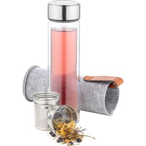 Navaris glazen theefles met filter - 500 ml - Waterfles van glas - Dubbelwandige drinkfles - Fles met dop, thee infuser en hoes