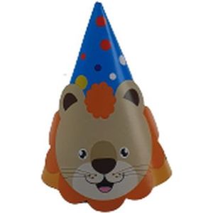 Feesthoedjes leeuw model - Blauw / Lichtbruin / Multicolor - Papier - One Size - 6 Stuks - Feestje - Party - Partijtje - Verjaardag - Themafeest