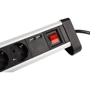 Exin bureau stekkerdoos – 4 voudig – 2 x USB – Randaarde – 3500W – 1.5 meter snoer – alu/zwart