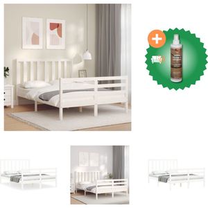 vidaXL Bedframe met hoofdbord massief hout wit 140x200 cm - Bed - Inclusief Houtreiniger en verfrisser