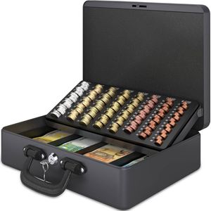 ACROPAQ Geldkistje - Premium, Grot, Geldkist met sleutel, 36 x 27 x 11 cm - Geldkluis met muntsorteerder, Geldlade - Grijs