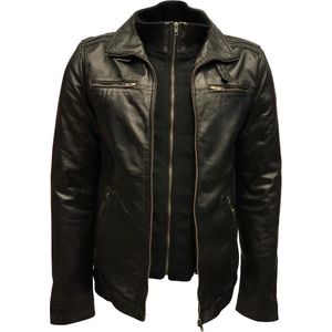 Zwarte leren heren jas met uitneembare kraag - 100 % echt leer - Albert - 3XL