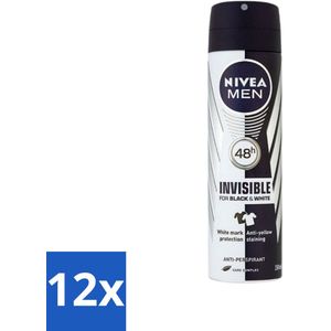 12 x Nivea - Men - Deospray - XXL - Invisible Black & White Original - Anti-Transpirant - 200 ml - NIVEA MEN Deodorant - Anti-transpirant - 48 Uur Bescherming - Anti-vlekken - Deodorant Spray