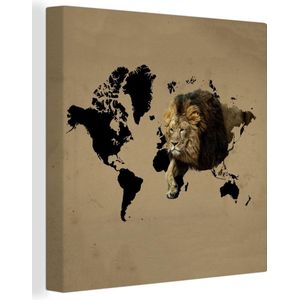 Canvas Wereldkaart - 50x50 - Wanddecoratie Wereldkaart - Leeuw - Bruin