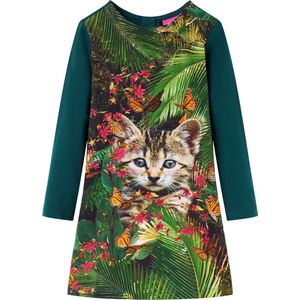 vidaXL-Kinderjurk-met-lange-mouwen-kattenprint-104-donkergroen