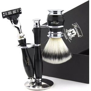 Scheerset voor mannen Scheren met scheermes met 3 randen, synthetische scheerkwast en scheerstandaard, scheerset in zwarte kleur voor herenverzorging