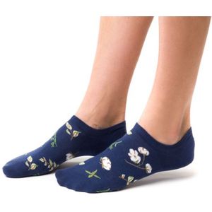 Blauwe katoenen sneakersokken met bloemenprint–naadloos & ademend–2 paar–maat 35-37