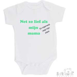 100% katoenen Romper ""Net zo lief als mijn mama en eigenwijs zegt mijn papa"" Unisex Katoen Wit/mint/zwart Maat 56/62