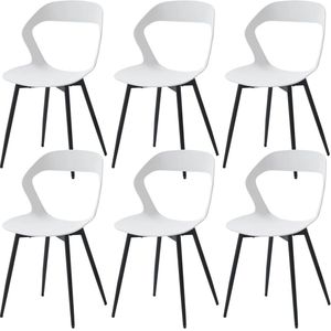 Eetkamerstoelen – Stoel - Eetkamerstoel - Set van 6 - Koffiestoel - Moderne - Rugleuning – Minimalistisch Design ��– Kunststof Zitting - Metalen Poten - Wit